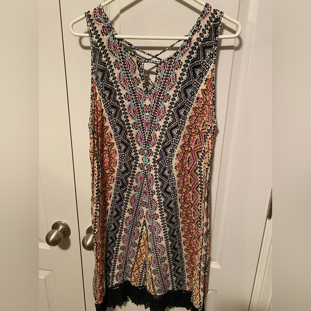 Bilateral multicolored geometric sleeveless dress  crotchet trim tie back. Sz M
